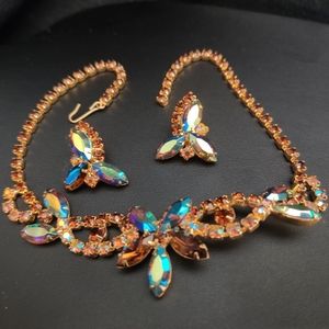 Vintage aurora borealis rhinestone necklace set